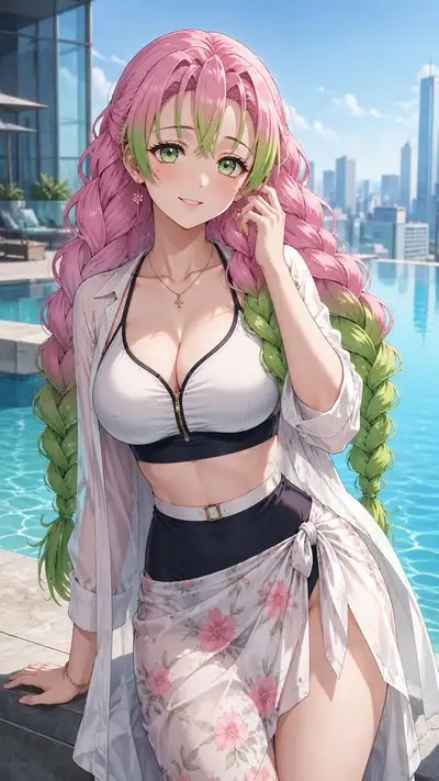 Anime character rooftop pool illustrations, four independent images