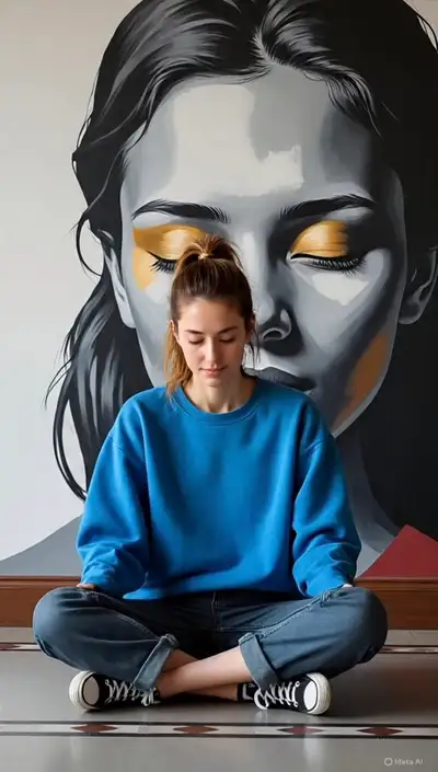 Meditative Woman Before Grayscale Mural with Gold Accents