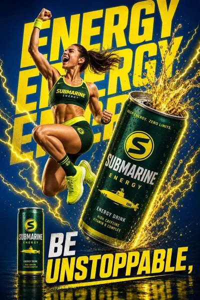 High-energy drink advertisement with lightning splash