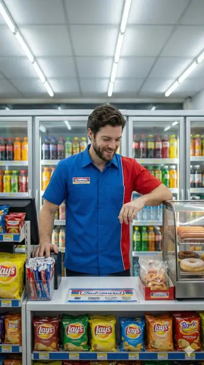 Friendly convenience store clerk behind the counter