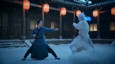 Snowy Courtyard Duel with Spectral Fighter