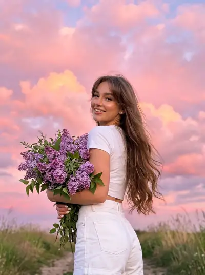 Retrato de pôr do sol estilo Pinterest com buquê de lilás