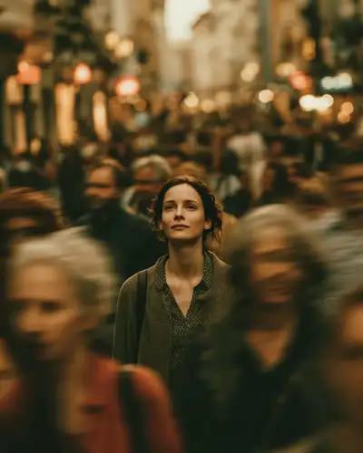 Woman calm in a blurred moving crowd photo prompt