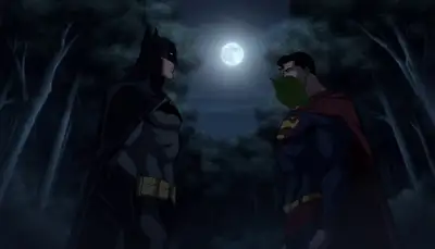 Anime-style tragic fight: Batman vs Superman in moonlit forest
