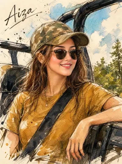 Boceto a pluma y acuarela de mujer en jeep