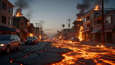 Vídeo de desastre de erupção vulcânica que engole uma cidade costeira