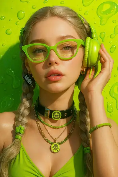 Neon-green monochromatic beauty portrait with braided pigtails