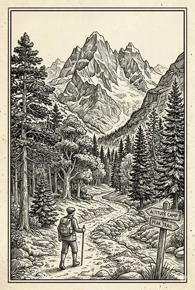Alpine Trail Fork Pen-and-Ink Engraving