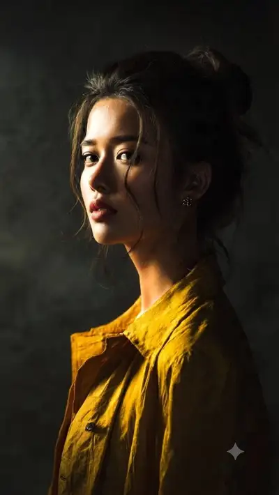 Retrato de perfil pictórico con camisa amarillo mostaza