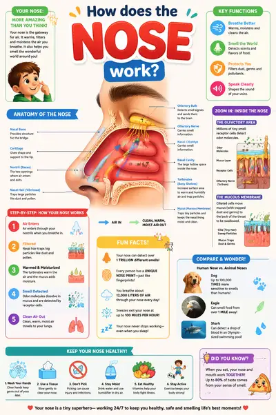 Kid friendly nose anatomy educational infographic poster