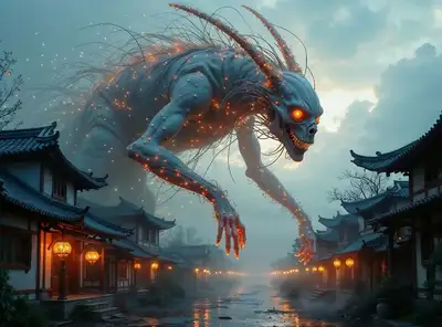 Cinematic Foggy Village with Giant Creature