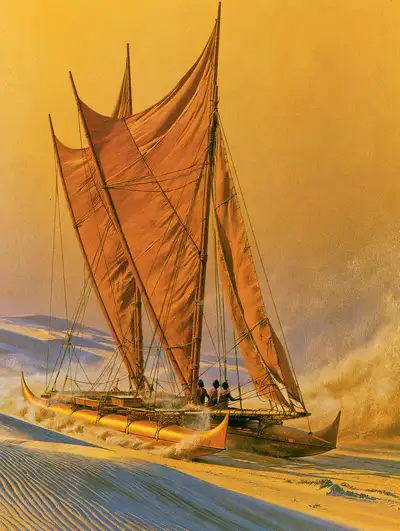 Fantasy desert scene of a giant sailing catamaran with yellow sky