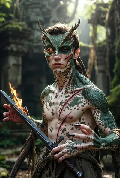 Hybrid Humanoid-Reptilian Warrior in Jungle Ruins
