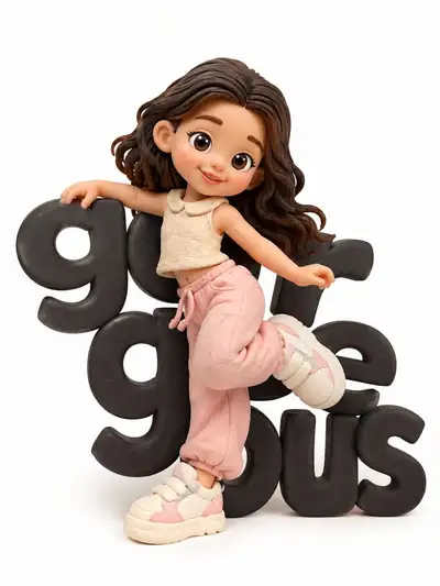 Handmade clay character dancing against a lettered wall