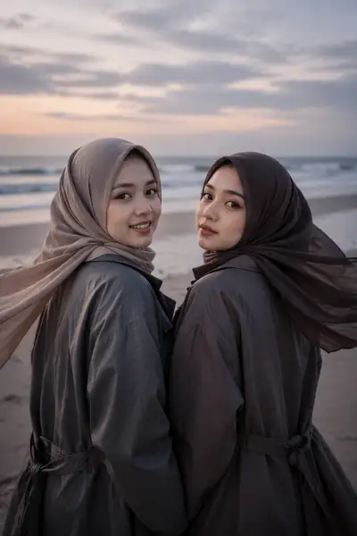 Cinematic Blue Hour Beach Portrait with Two Women in Hijabs