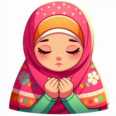 Cartoon illustration of a young girl in hijab praying