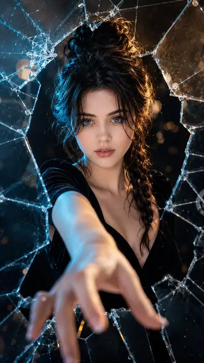 Shattered glass dramatic fashion portrait prompt