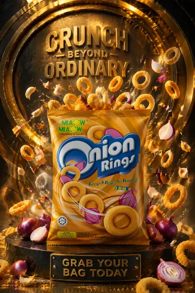 Golden Onion Vault luxury advertisement for onion ring snacks