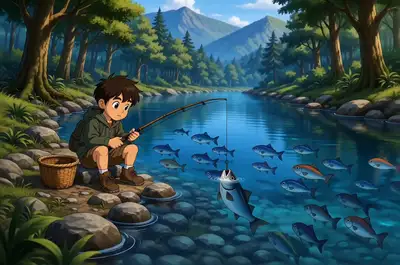 Forest Adventure: Boy and Animal Friends Share a Fish