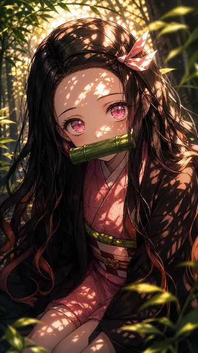 Ilustración de anime de alta fidelidad de Nezuko con luz cinematográfica