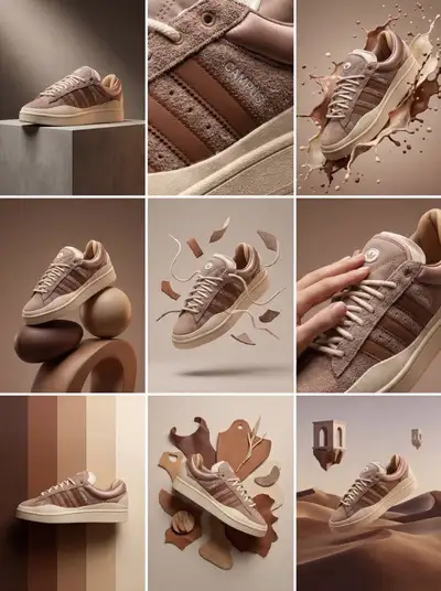 3x3 grid of nine commercial marketing concepts for one product