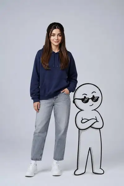 Minimalist Studio Portrait with Cartoon Character