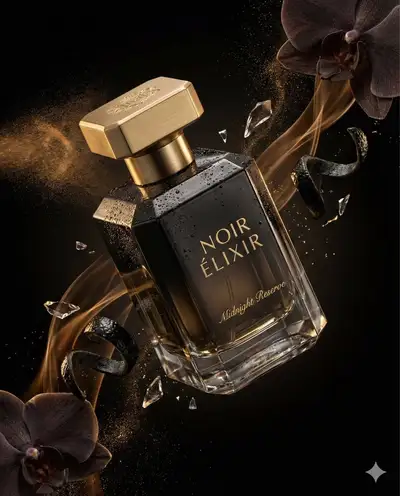Luxury perfume campaign with smoked black bottle and gold mist