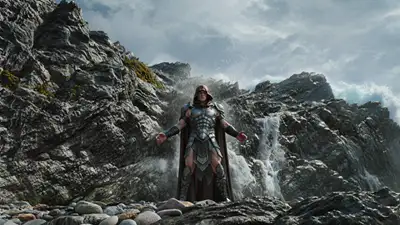 Hooded Warrior and Massive Wave Cinematic Prompt