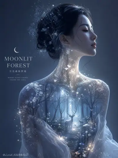 Moonlit forest dream portrait, translucent inner woodland