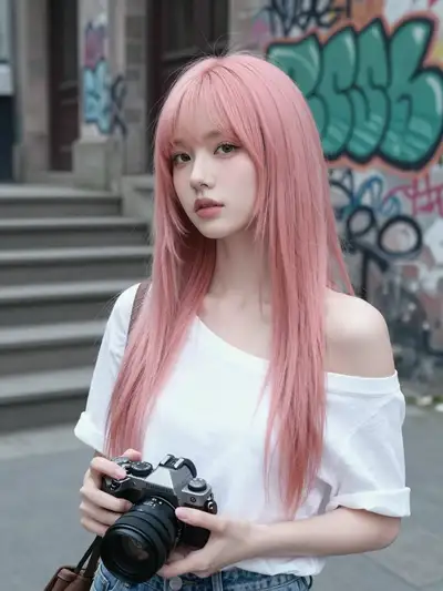 Cinematic bust portrait of an office lady with pink hair and graffiti backdrop