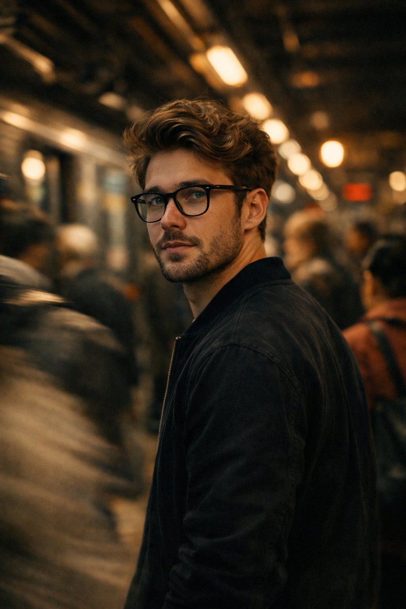 Introspective portrait on a busy subway platform