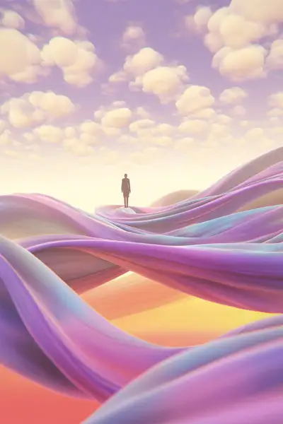 Tiny Figure on Flowing Abstract Liquid Ribbons