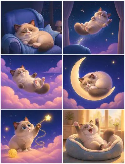 雲間を漂うラグドール猫の6コマ夢幻ストーリーボード