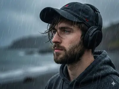 Melancholic Rainy Portrait with Cap and Headphones