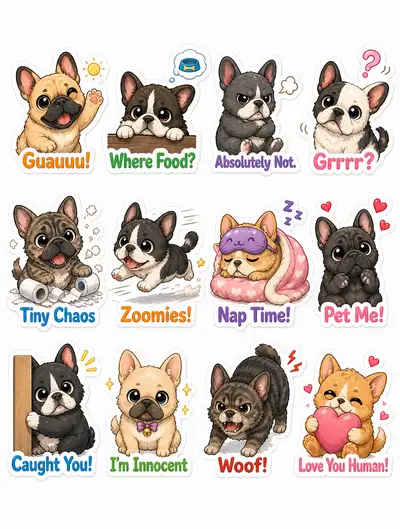 Paquete de pegatinas de Bulldog Francés Chibi
