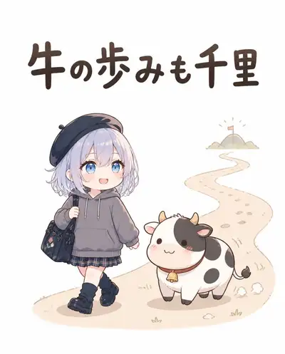Chibi Character Walking with Ox - Japanese Proverb Illustration