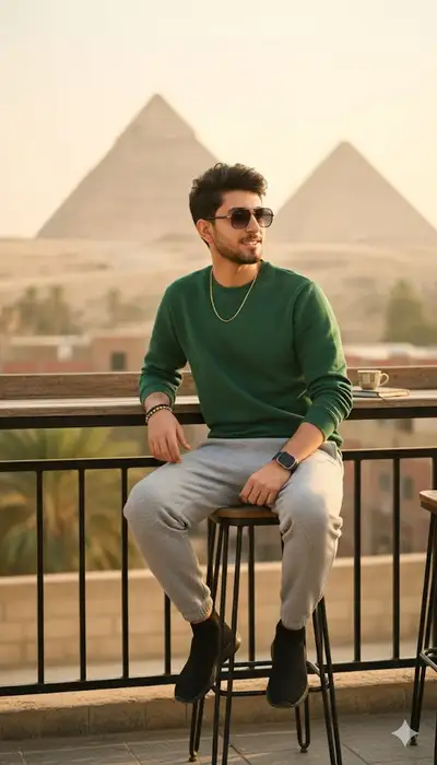 Hombre en bar de terraza con vista a las Pirámides de Giza