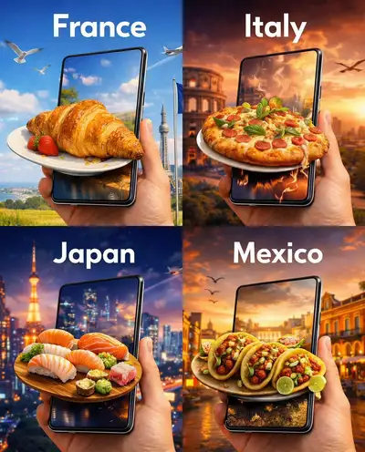 Phone-Portal Tourism Collage with Iconic National Foods