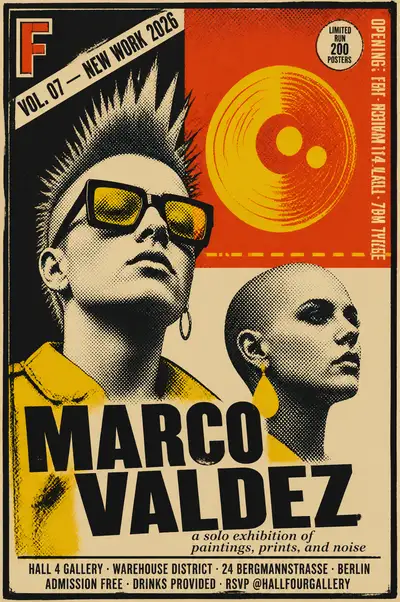 1970s punk silkscreen exhibition invitation poster