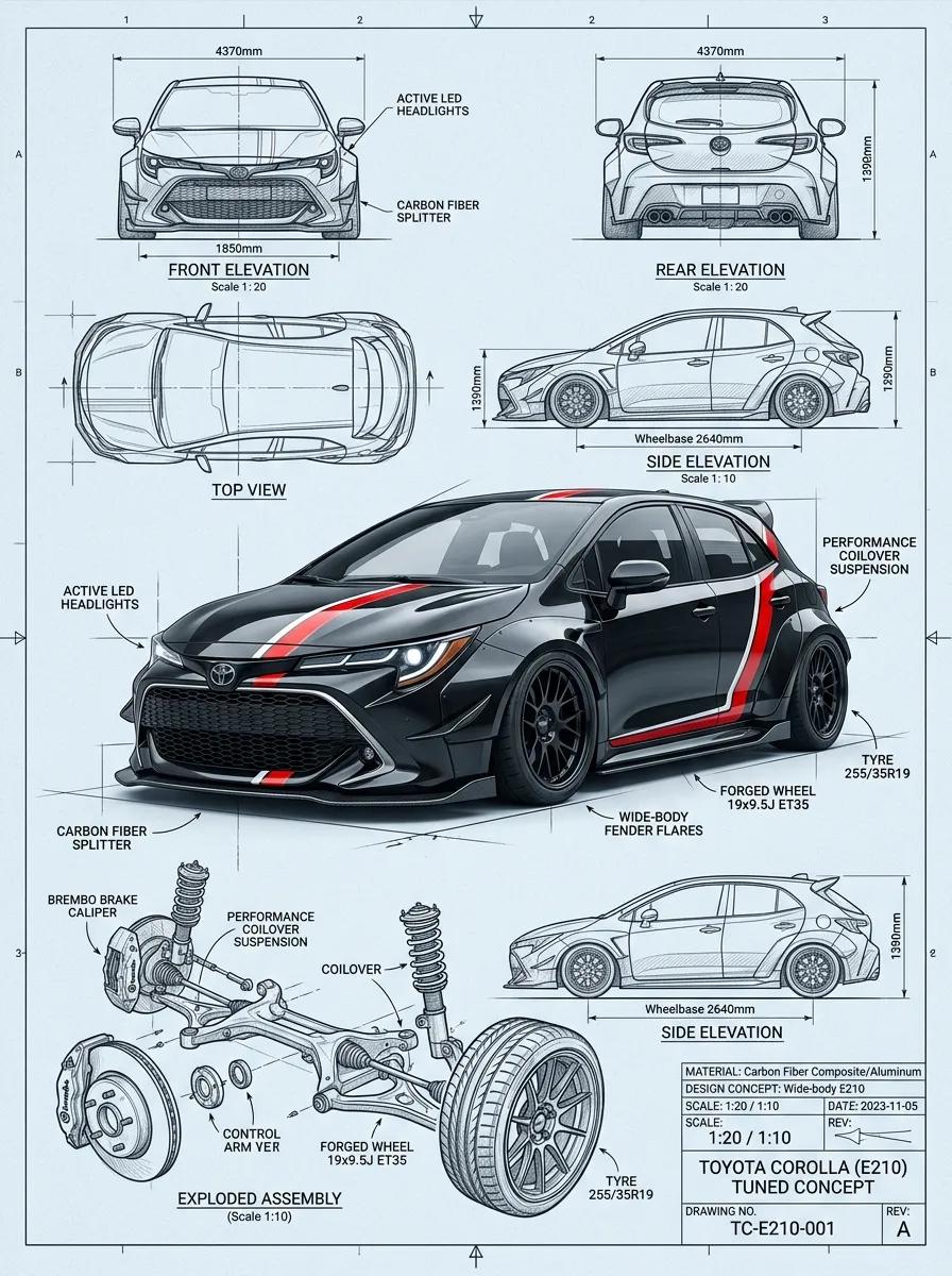 Automotive Engineering Blueprint Poster of a Widebody Hatchback