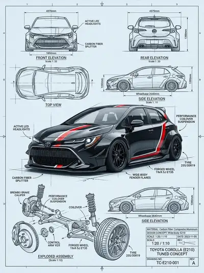 Fiche de concept automobile d'une compacte widebody bleue