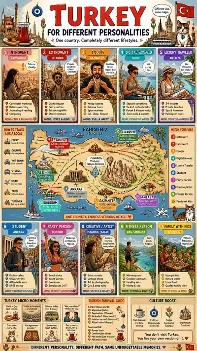 Comic infographic map of Turkey for different traveler personalities