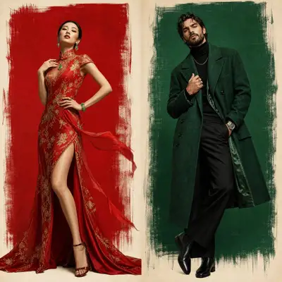 Two-panel luxury fashion poster with cheongsam and menswear looks