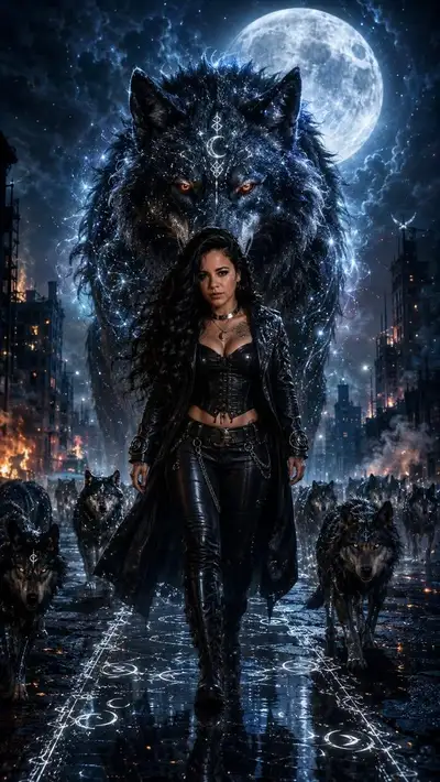 Mujer gótica cyberpunk con manada de lobos alfa cósmicos