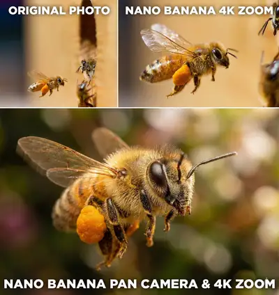 Foto macro 4K com zoom e pan de abelha melífera com Nano Banana Pro