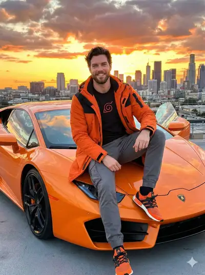 Stilvoller Mann mit orangefarbenem Lamborghini bei Sonnenuntergang