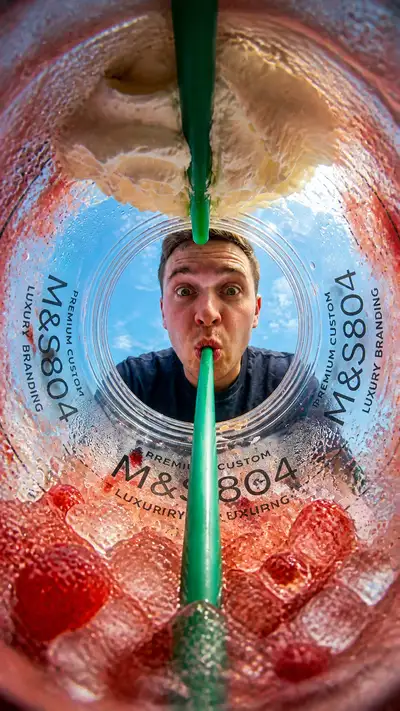 POV frappuccino cup fisheye advertisement shot