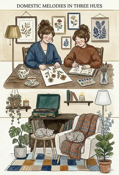 Domestic Melodies in Three Hues - Cozy Watercolor Illustration