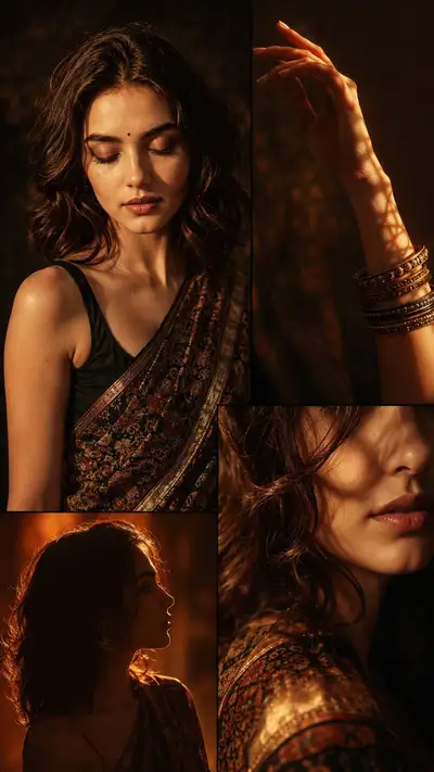 Traditionelles Sari-Portraetcollage-Prompt zur goldenen Stunde