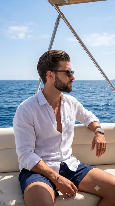 Sunlit boat profile portrait of a man in a linen shirt